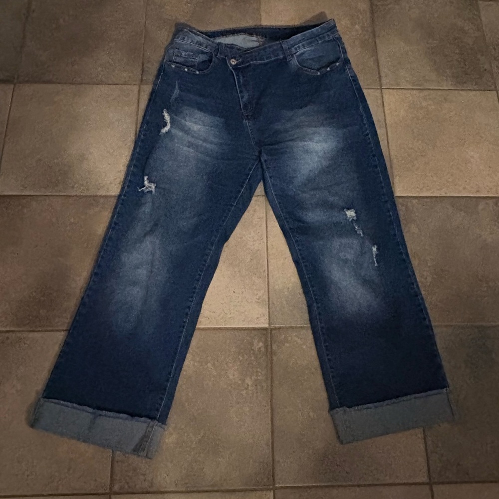 Amazon Women's Distressed Wide Leg Jeans - Dark Blue
